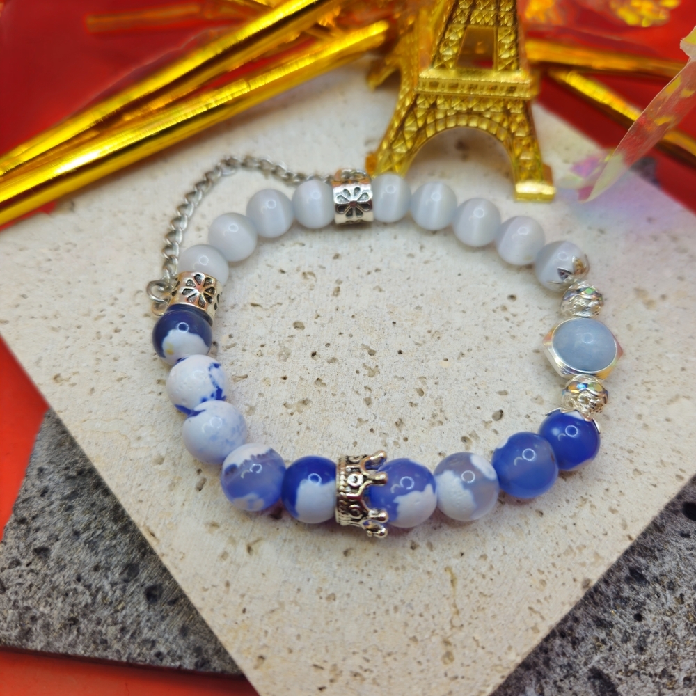 Moonstone Blue Fire Agate 8mm Handmade Beaded Bracelet Natural Gemstone Jewelry